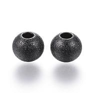 201 Stainless Steel Textured Beads, Round, Electrophoresis Black, 8x7mm, Hole: 3mm(STAS-P108-05B)
