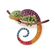Alloy Enamel Brooches, with Rhinestone, Chameleon, Light Gold, Colorful, 58x71x13mm, Hole: 6.8x6mm, Pin: 0.7mm(JEWB-P012-06A)