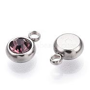 201 Stainless Steel Rhinestone Charms, June Birthstone Charms, Flat Round, Stainless Steel Color, Amethyst, 8.5x6x3mm, Hole: 1.5mm(STAS-S068-06)