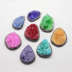 Electroplate Natural Druzy Quartz Crystal Pendants, Dyed, with Rhinestones and Platinum Plated Brass Finding, teardrop, Mixed Color, 39~48x26~37x15~19mm, Hole: 2mm(G-F333-I)