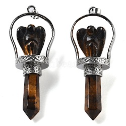 Natural Tiger Eye Pointed Big Pendants, Faceted Bullet & Angel Charms with Brass Findings, Rack Plating, Platinum, 71~77x27~28x19~20mm, Hole: 6.5x4.5mm(KK-H491-01P-02)