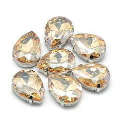 Sew on Rhinestone, Multi-strand Links, Glass Rhinestone, with 201 Stainless Steel Prong Settings, Garments Accessories, Faceted, teardrop, Pale Goldenrod, 14x10x6mm, Hole: 0.8~1mm(RGLA-T035-10x14mm-09)