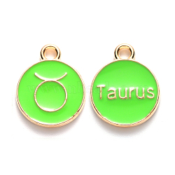 Alloy Enamel Pendants, Cadmium Free & Lead Free, Flat Round with Constellation, Light Gold, Pale Green, Taurus, 22x18x2mm, Hole: 1.5mm(X-ENAM-S124-01A-06C)