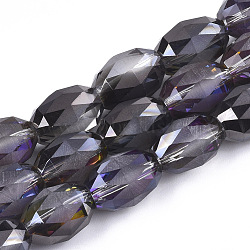 Electroplated Glass Beads Strands, Frosted, Faceted, Oval, Black, 12~13x9.5mm, Hole: 1.5mm, about 50pcs/strand, 25.5 inch(EGLA-T015-02B-01)