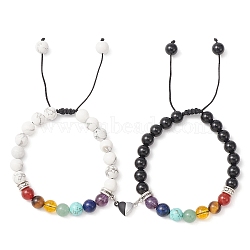 2Pcs 2 Style Natural & Synthetic Mixed Gemstone Braided Bead Bracelets Set, Alloy Magnetic Heart Couple Bracelets, Inner Diameter: 2-1/8~3-1/8 inch(5.4~8cm), 1Pc/style(BJEW-TA00306)