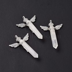 Natural Quartz Crystal Faceted Double Terminal Pointed Big Pendants, Rock Crystal, Angel Charms, with Platinum Tone Brass Findings, 54~56x34~36x11~12mm, Hole: 3mm(G-H281-09P-04)