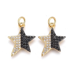 Brass Micro Pave Clear & Black Cubic Zirconia Pendants, Long-Lasting Plated, Star, Golden, 14x12x2mm, Hole: 3mm(ZIRC-Z001-11G)
