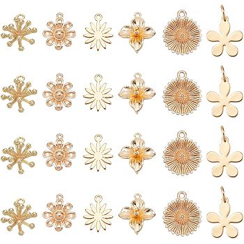 SUPERFINDINGS 24Pcs 6 Style Brass Charms, with Jump Rings, Long-Lasting Plated, Flower, Real 18K Gold Plated, 8.5~14.5x8~12x1~8mm, Hole: 0.6~3.5mm, 4pcs/style