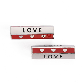 316 Surgical Stainless Steel Enamel Beads, Hexagonal Prism with Word Love & Heart, Stainless Steel Color, 19.5x6.5x6mm, Hole: 1.5mm