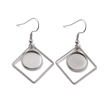 201 Stainless Steel Earring Hooks, with Rhombus Blank Pendant Trays, Flat Round Setting for Cabochon, Stainless Steel Color, 45mm, 22 Gauge, Pin: 0.6mm