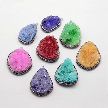 Electroplate Natural Druzy Quartz Crystal Pendants, Dyed, with Rhinestones and Platinum Plated Brass Finding, teardrop, Mixed Color, 39~48x26~37x15~19mm, Hole: 2mm
