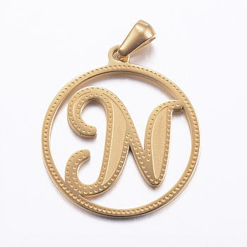 Ion Plating(IP) 304 Stainless Steel Pendants, Flat Round with Letter, Golden, Letter.N, 28x25x1.2mm, Hole: 6x3.5mm