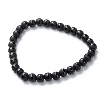 Frosted Glass Beads Stretch Bracelets, Round with Circle Pattern, Black, Beads: 5.5~6mm, Inner Diameter: 2 inch(5.1cm)