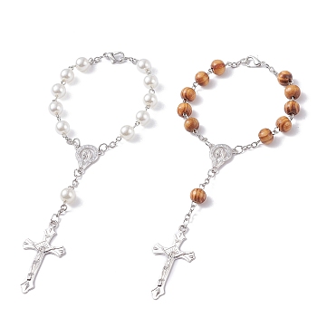 2Pcs 2 Style Religious Prayer Beaded Rosary Bracelets, Virgin Mary Crucifix Cross Long Alloy Charm Bracelets with Plastic Pearl and Wood Beads for Easter, Mixed Color, 7-3/8~7-1/2 inch(18.7~18.9cm), 1Pc/style