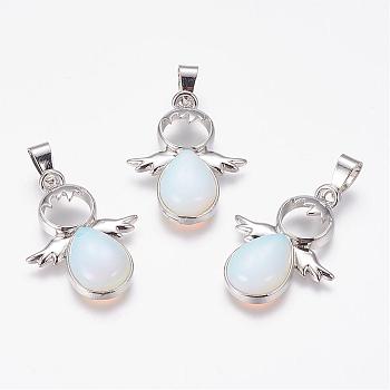 Opalite Pendants, Angel, with Brass Finding, Platinum, 34x25.5x4.5~6.5mm, Hole: 4~5x7mm