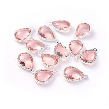 Glass Pendants, with Eco-Friendly Alloy Open Back Berzel Findings, Faceted, teardrop, Silver Color Plated, Misty Rose, 18x12x5mm, Hole: 1.4mm