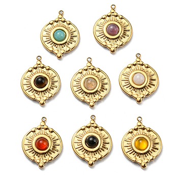 Natural & Synthetic Mixed Stone Flat Round Pendants, Flat Round Charms with Ion Plating(IP) Real 24K Gold Plated 316 Stainless Steel Findings, 19x14x4mm, Hole: 1mm