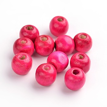 Dyed Natural Wood Beads, Round, Nice for Children's Day Gift Making, Lead Free, Fuchsia, about 14mm wide, about 13mm high, hole: 4mm, about 1200pcs/1000g