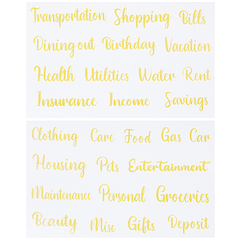 PVC Waterproof Decorative Sticker Labels, Self Adhesive Word Decals for Art Craft, Gold, 189x120x0.3mm, Stickers: 25~86x18.5~19.5mm, 2 sheets/set