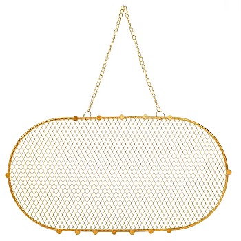 Iron Oval Grid Shape Wall Mounted Hanging Jewelry Organizer, Metal Mesh Earring Diaplay Oval Jewelry Rack for Earrings, Necklaces, Bracelets Storage, Golden, 34cm, Pendant: 180x350x3.5~16mm