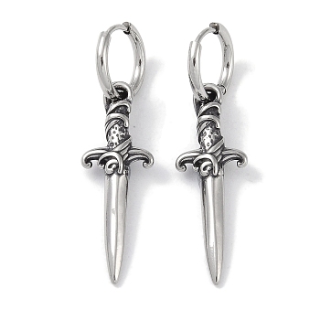 316 Surgical Stainless Steel Sword Hoop Earrings for Women, Antique Silver, 34.5x12mm