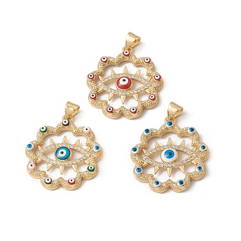 Rack Plating Brass Enamel Pendants, with Cubic Zirconia, Flower with Evil Eye, Real 18K Gold Plated, Long-Lasting Plated, Mixed Color, 26.5x24x4mm, Hole: 4x3.5mm