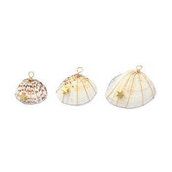 Natural Clam Shell Copper Wire Wrapped Pendants, Dyed Shell Chams with Brass Star Beads, Real 18K Gold Plated, 21~32x23.5~37x8~10mm, Hole: 3.5mm