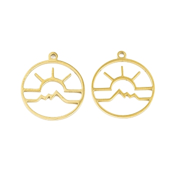 5Pcs 201 Stainless Steel Pendants, Laser Cut, Flat Round with Sun Charm, Real 18K Gold Plated, 17x15x1mm, Hole: 1.2mm