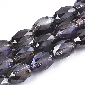 Electroplated Glass Beads Strands, Frosted, Faceted, Oval, Black, 12~13x9.5mm, Hole: 1.5mm, about 50pcs/strand, 25.5 inch