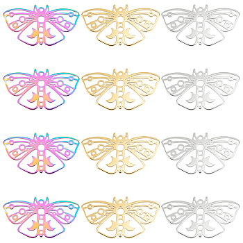 12Pcs 3 Colors 304 Stainless Steel Pendants, Butterfly, Mixed Color, 24.5x44.5x1.5mm, Hole: 1.8mm, 4pcs/color
