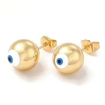 Enamel Evil Eye Stud Earrings, Real 18K Gold Plated Brass Ball Post Earrings for Women, White, 12mm, Pin: 0.7mm