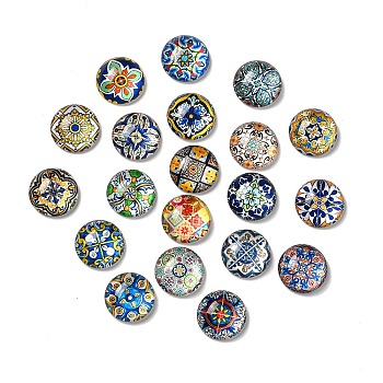 Glass Cabochons, Half Round/Dome with Flower Pattern, Mixed Color, 14x5.5mm, 20pcs/bag