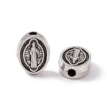 Tibetan Style Alloy Beads, Oval with Priest & Cross Pattern, Antique Silver, 8x6.5x3mm, Hole: 1.4mm