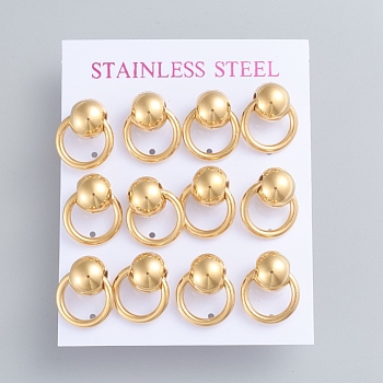 304 Stainless Steel Dangle Stud Earrings, with Ear Nuts, Ball with Ring, Golden, 17x14mm, Pin: 0.7mm, 6pairs/card