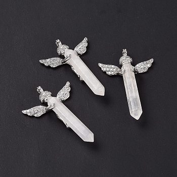 Natural Quartz Crystal Faceted Double Terminal Pointed Big Pendants, Rock Crystal, Angel Charms, with Platinum Tone Brass Findings, 54~56x34~36x11~12mm, Hole: 3mm