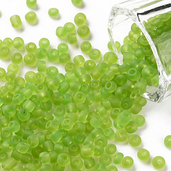 (Repacking Service Available) Glass Seed Beads, Frosted Colors, Round, Green Yellow, 6/0, 4mm, Hole: 1~1.5mm, about 12g/bag