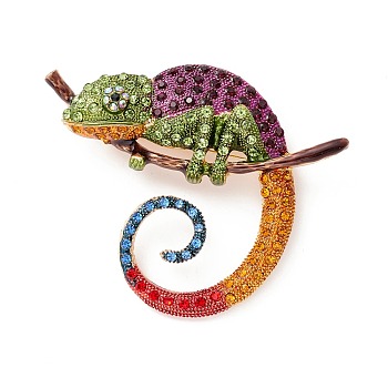 Alloy Enamel Brooches, with Rhinestone, Chameleon, Light Gold, Colorful, 58x71x13mm, Hole: 6.8x6mm, Pin: 0.7mm