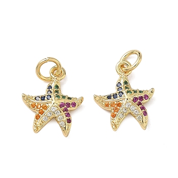 Brass Micro Pave Cubic Zirconia Charms, Starfish Charms, Real 16K Gold Plated, 14x11.5x3mm, Jump Ring: 5x1mm, Inner Diameter: 3.5mm
