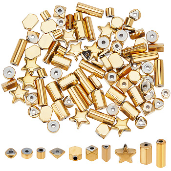 ARRICRAFT 100Pcs 10 Styles Electroplated Synthetic Non-magnetic Hematite Beads, Golden Plated, Star & Cube & Column, Mixed Shapes, 3~9.5x2.5~7x1~4mm, Hole: 0.8~1mm, 10pcs/style