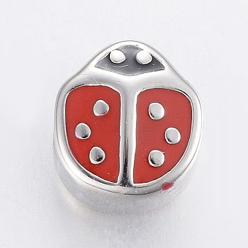 304 Stainless Steel European Enamel Beads, Large Hole Beads, Ladybird, Red, Stainless Steel Color, 11x10x8mm, Hole: 5mm