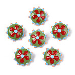 Handmade Lampwork Beads, Bumpy Flat Round with Flower, Dark Sea Green, 18.5~20x10~11mm, Hole: 1mm(LAMP-T023-25C)