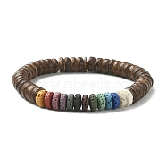 Dyed Natural Lava Rock & Coconut Rondelle Beaded Stretch Bracelet, Colorful, Inner Diameter: 2 inch(5.1cm)(BJEW-JB09678)