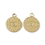 Vacuum Plating 201 Stainless Steel Pendants, with Rhinestone, Flat Round with Eye Charm, Real 18K Gold Plated, 19x15x2mm, Hole: 2.5mm(STAS-J401-VC552)
