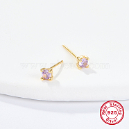 Golden Sterling Silver Micro Pave Cubic Zirconia Stud Earring, Square, Lilac, 4x4mm(XN7792-2)
