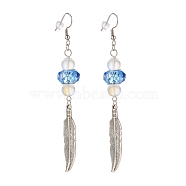 Feather with Round Beads Long Dangle Earrings for Girl Women, Antique Silver, Blue, 95.5mm, Pin: 0.7mm(EJEW-JE04681-01)