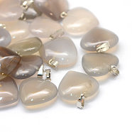 Heart Natural Grey Agate Pendants, with Platinum Tone Brass Findings, 20~22x20~21x5~8mm, Hole: 2x7mm(G-Q438-11)