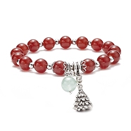 Natural Red Agate Carnelian(Dyed & Heated) & Green Aventurine Stretch Bracelet with Alloy Christmas Tree Charm, Gemstone Jewelry for Women, Red, Inner Diameter: 2-1/8 inch(5.3cm)(BJEW-TA00124)