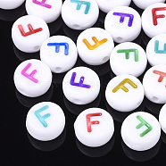 Initial Acrylic Beads, Horizontal Hole, Flat Round, Mixed Color, Letter.F, 7x3.5~4mm, Hole: 1.2mm, about 3700pcs/500g(OACR-E001-20F)