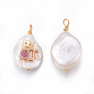 Natural Cultured Freshwater Pearl Kitten Pendants, with Brass Cubic Zirconia Findings, Baroque with Cat Shape, Golden, Old Rose, 17~26x11~16x5~11mm, Hole: 1.6~2mm(PEAR-E013-33E)