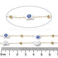 Ion Plating(IP) 304 Stainless Steel Link Chains, with Shell & Enamel & Spool, Soldered, Real 18K Gold Plated, 2x0.7x0.2mm, Moon: 8x5.5x3.5mm,, about 32.81 Feet(10m)/Roll(CHS-A009-02D-G)
